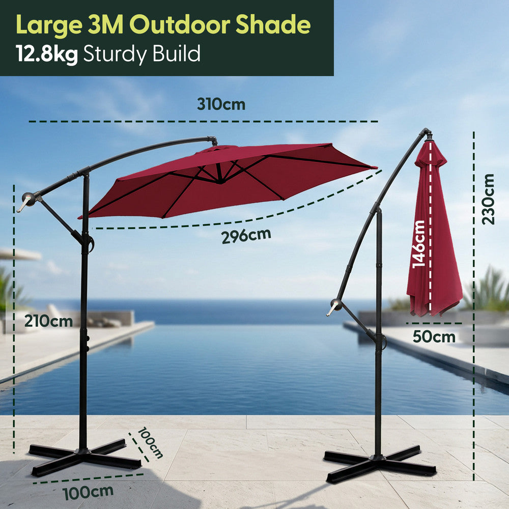 3m burgundy cantilever garden parasol dimensions – 310cm wide canopy, 296cm reach, 210cm pole height, 100x100cm cross base, 12.8kg