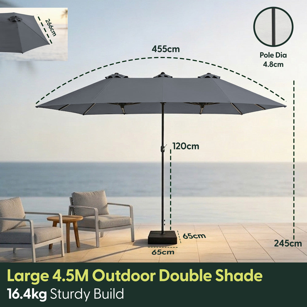 Double garden parasol dimensions – 455cm wide, 245cm tall, 65x65cm base, 16.4kg