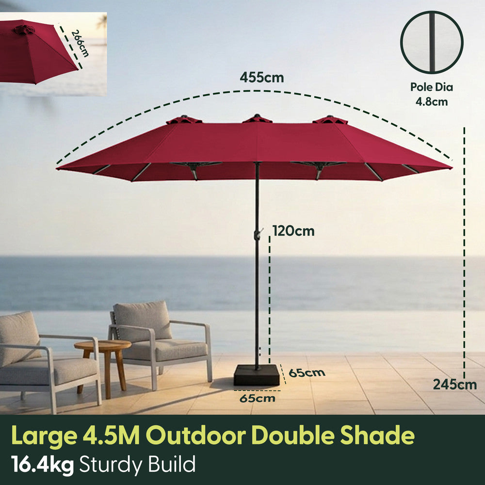 Double garden parasol dimensions – 455cm wide, 245cm tall, 65x65cm base, 16.4kg