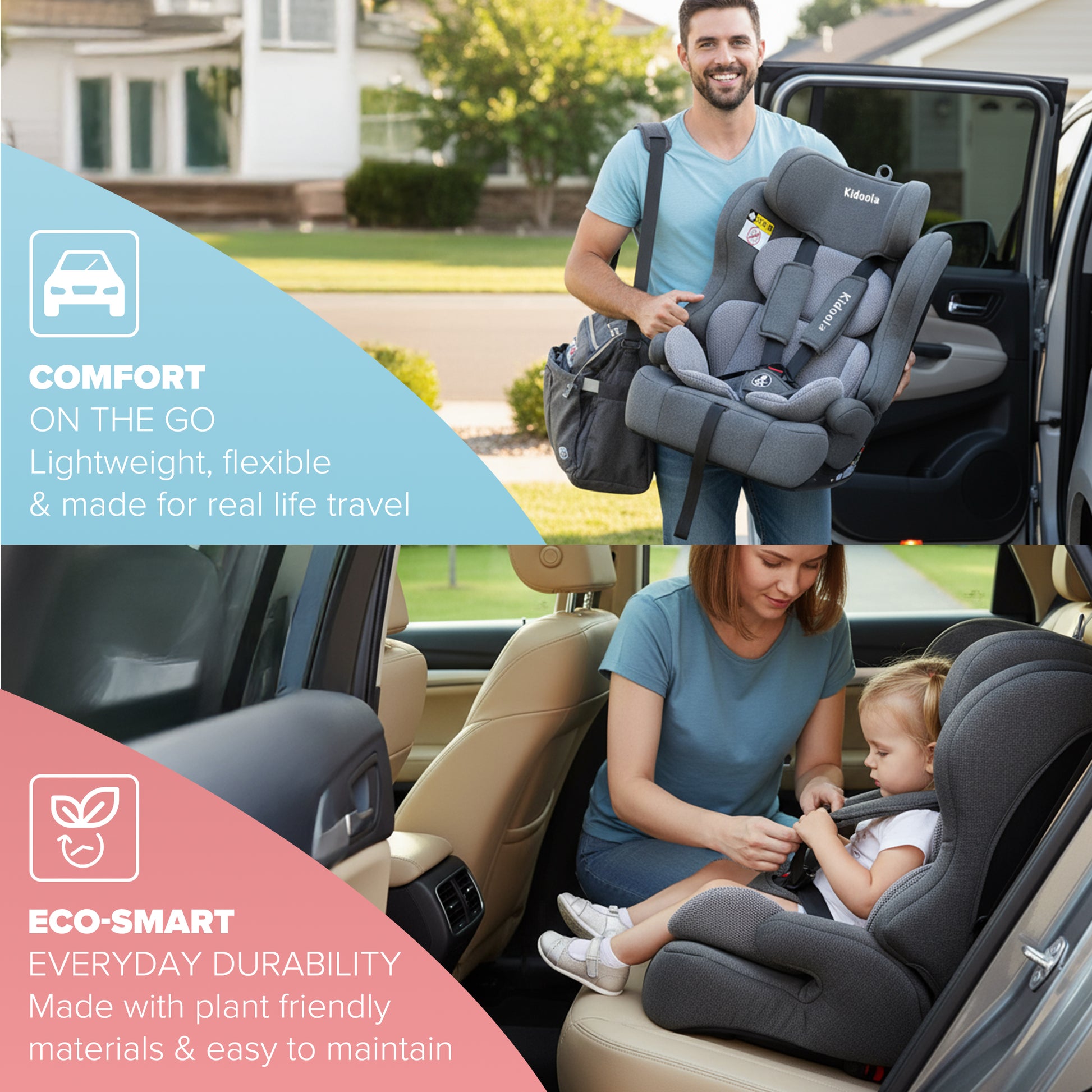 Grey ISOFIX car seat headrest height setting – 10-level adjustment for growing children 76–150cm