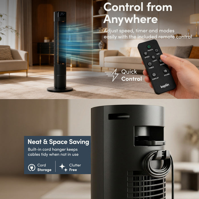 36-inch Black Tower Fan in Living Room – Tall Electric Fan with Remote Control
