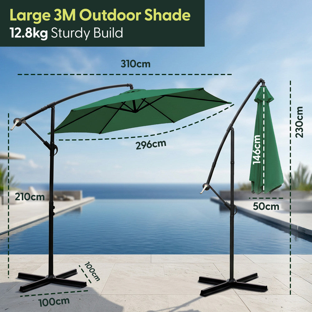 3m green cantilever garden parasol dimensions – 310cm wide canopy, 296cm reach, 210cm pole height, 100x100cm cross base, 12.8kg