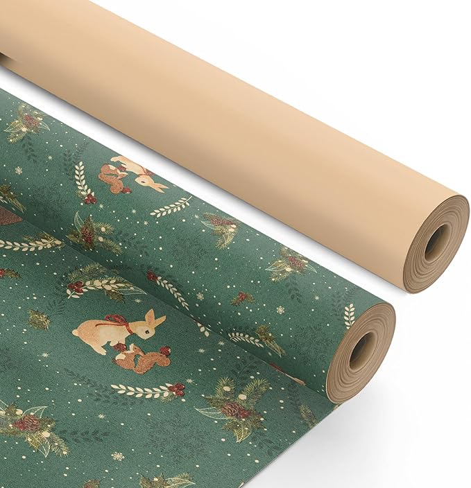 Kraft & Co 2 Pack Christmas Wrapping Paper Roll - Festive Designed Recyclable Kraft Paper, Perfect for Holiday Gifts, Arts & Crafts-Wrapping for a Merry Christmas (44.5cm x 25m)