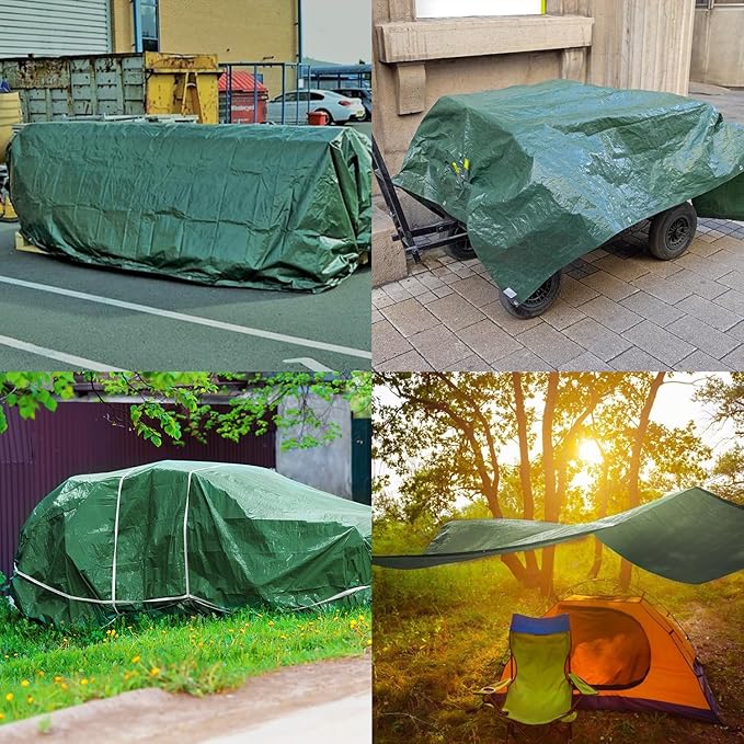 Keplin Heavy-Duty Waterproof Tarpaulin Cover Sheet - Mould-Resistant PE Material with Reinforced Edges & Metal Eyelets - Easy to Wash, Green - Perfect for Indoor & Outdoor Protection