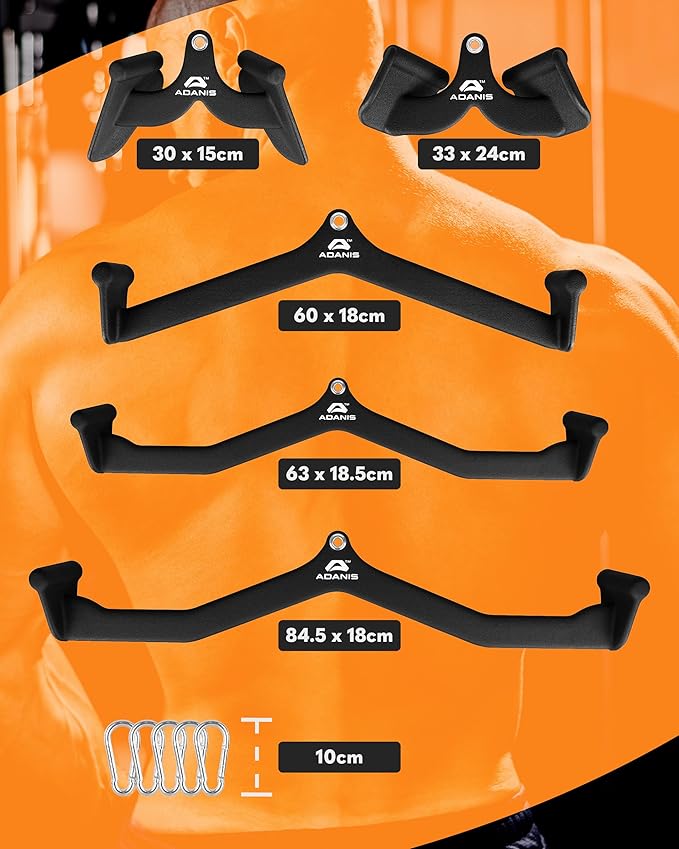 Adanis Gym Cable Machine Attachment Set for Home and Commercial Gyms, Multi Grip Lat Pulldown and Row Handles with Ergonomic Non Slip Design, Heavy Duty Build with Carabiners for Back and Arm Training