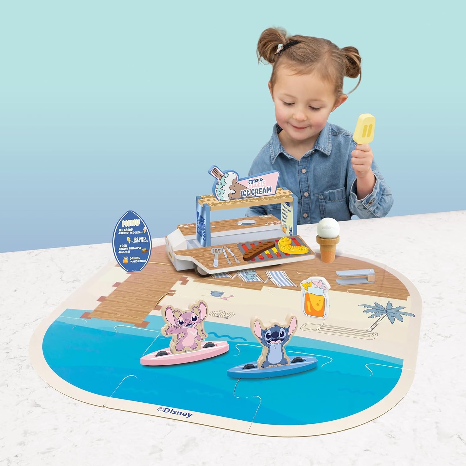 Disney Lilo & Stitch Transforming Ice Cream Truck Playset – Wooden Toy Vehicle with Beach Scene & Accessories – Ice Cream Van Car Toy for Kids – Imaginative Kids Play Vehicle