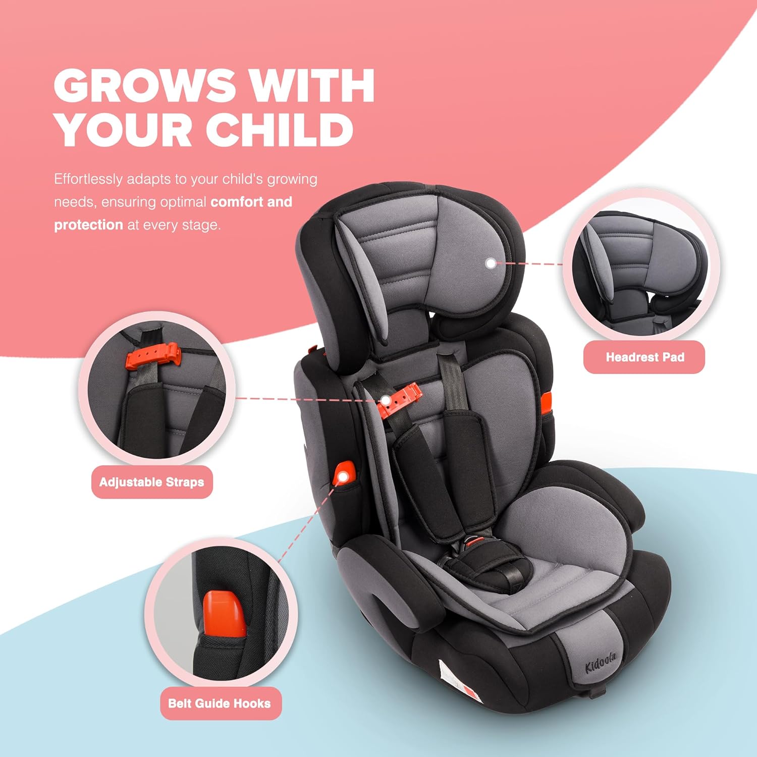 Kidoola Adjustable Car Seat for Toddlers Children Safety Certified Booster Seat Comfortable Padding 3 Age Functions ECE R44 04 Certified Up to