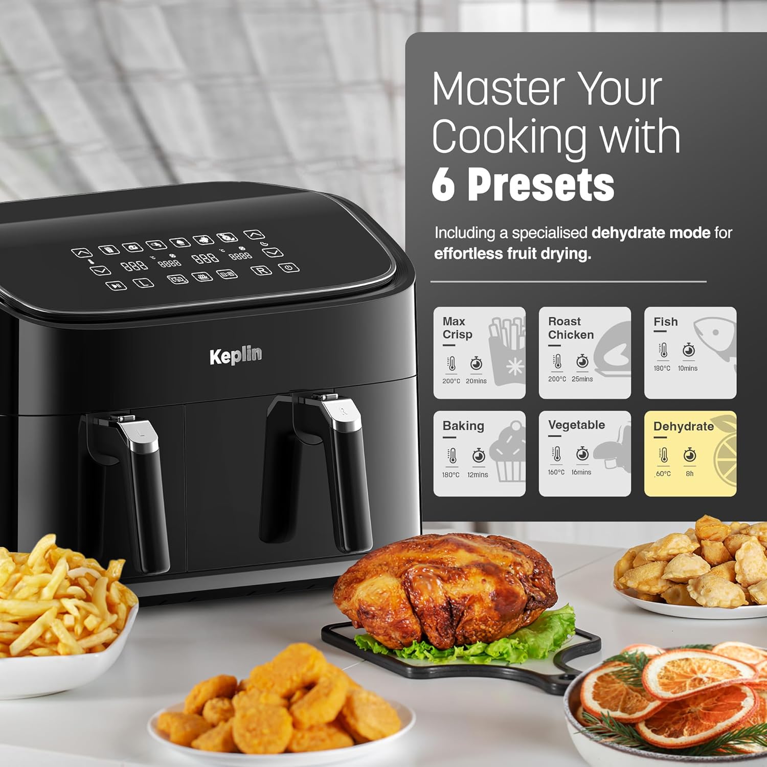 Keplin 9.5L Dual Zone Air Fryer - 2850W Energy-Saving Cooker with 6 Cooking Functions - Extra-Large Capacity for Healthy Meals - Roast, Bake, Dehydrate, Crisp - Family Size (9.5L)