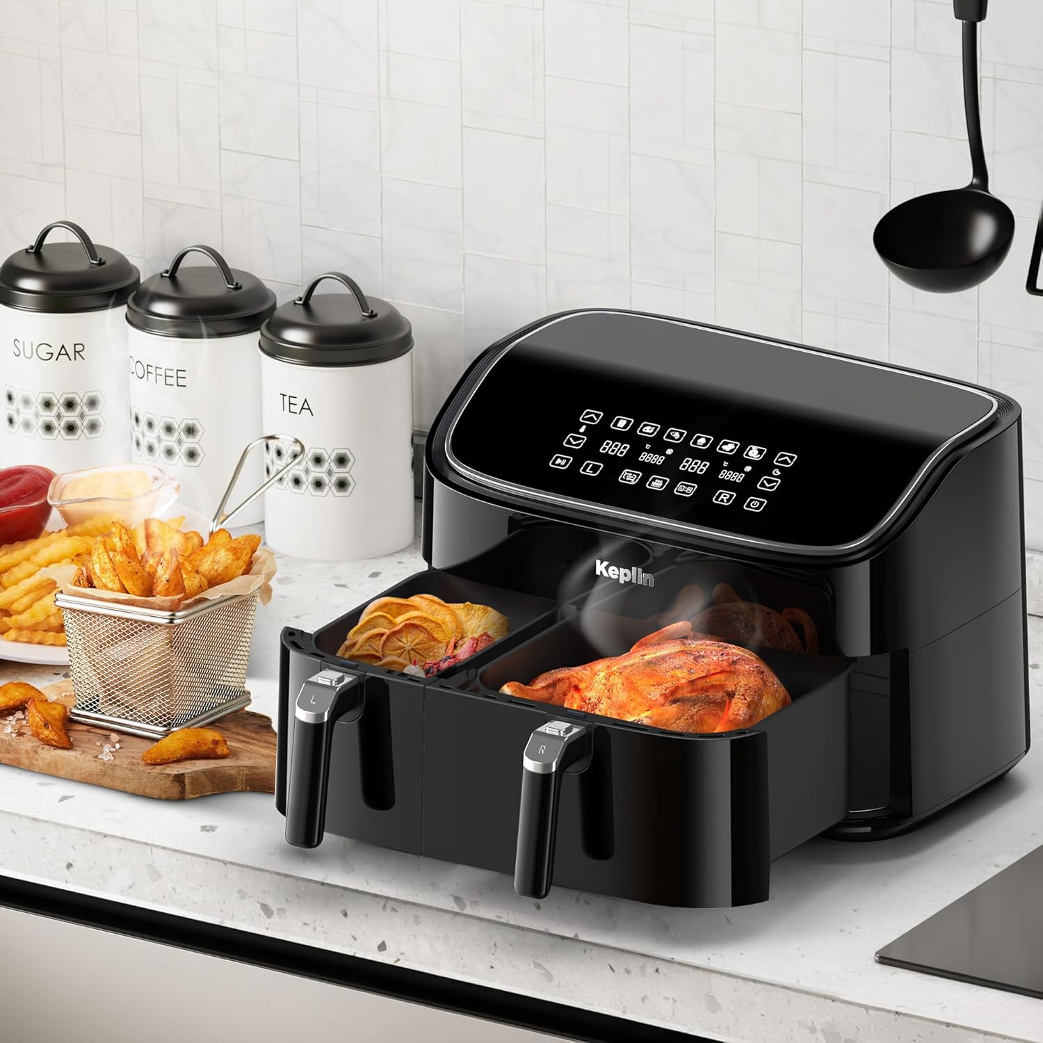 Keplin 9.5L Dual Zone Air Fryer - 2850W Energy-Saving Cooker with 6 Cooking Functions - Extra-Large Capacity for Healthy Meals - Roast, Bake, Dehydrate, Crisp - Family Size (9.5L)