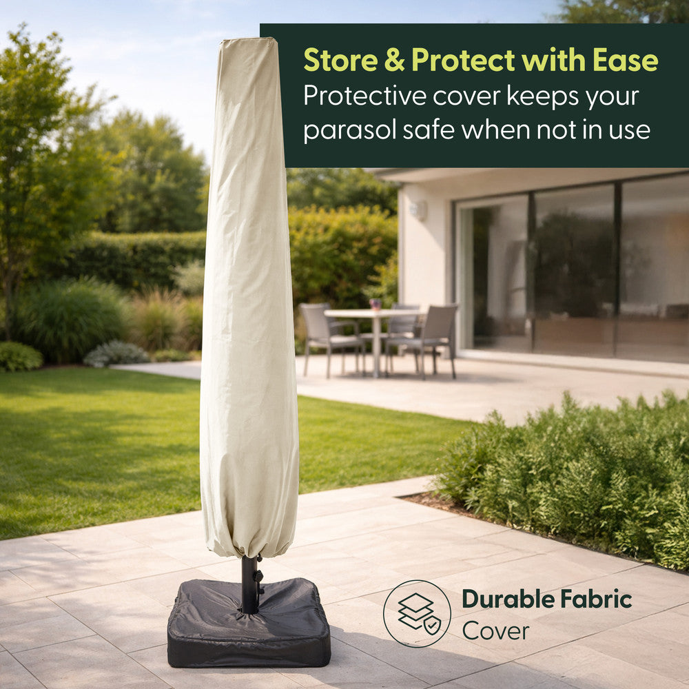 Cream double parasol stored in protective fabric cover on weighted base in a garden
