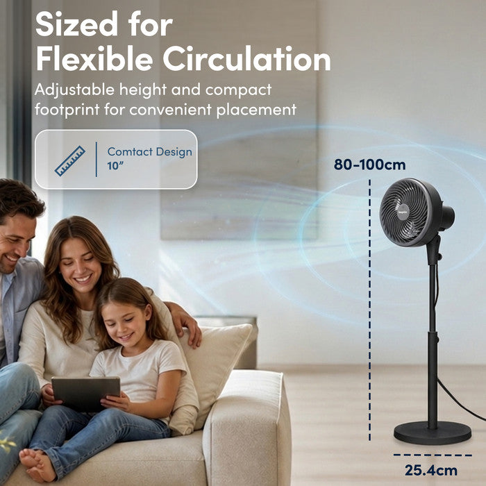 10 inch black pedestal fan delivering high airflow in UK living room
