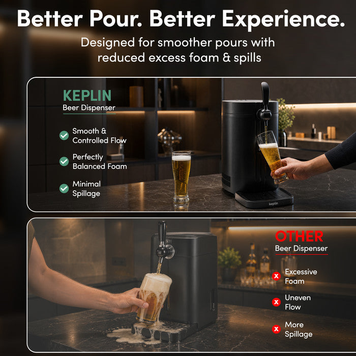 Keplin beer dispenser vs competitor – smooth controlled flow and balanced foam versus excessive foam and uneven pour