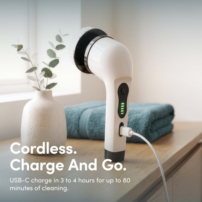 Cordless spin scrubber charging via USB-C, 1500mAh battery