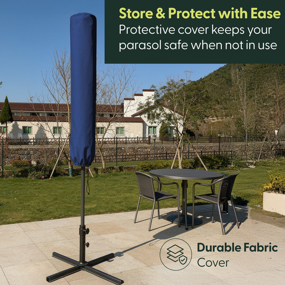 Navy blue cantilever garden parasol stored in matching protective fabric cover on cross base – weatherproof storage when not in use
