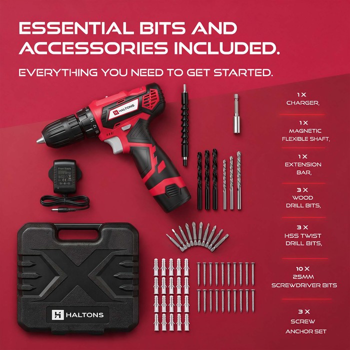 Haltons drill set accessories: charger, flexible shaft, extension bar, drill bits and screw bits