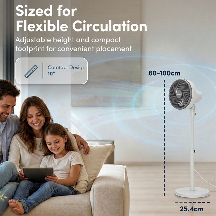 10 inch white pedestal fan delivering high airflow in UK home