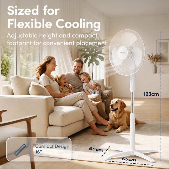 White 16 inch oscillating pedestal fan showing 123cm height and 65x65cm cross base dimensions