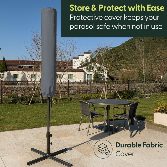 Grey cantilever garden parasol stored in matching protective fabric cover on cross base – weatherproof storage when not in use