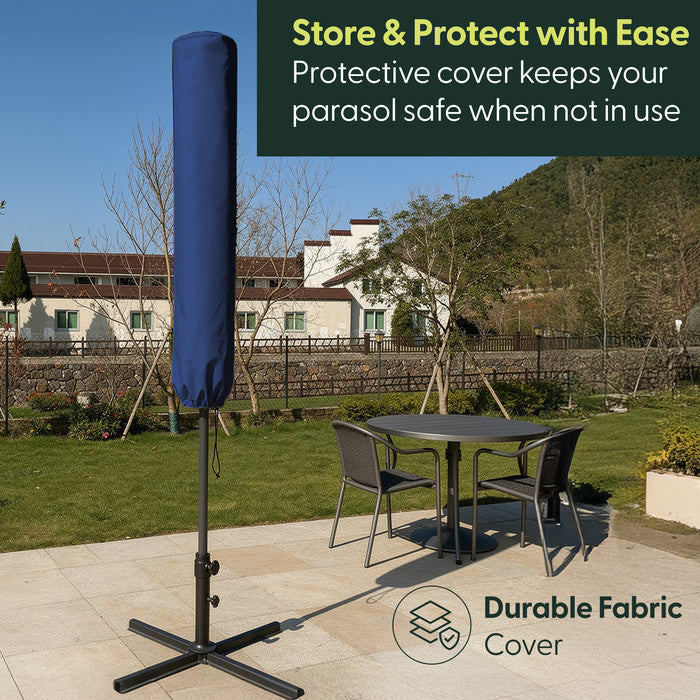 Navy blue cantilever garden parasol stored in matching protective fabric cover on cross base – weatherproof storage when not in use