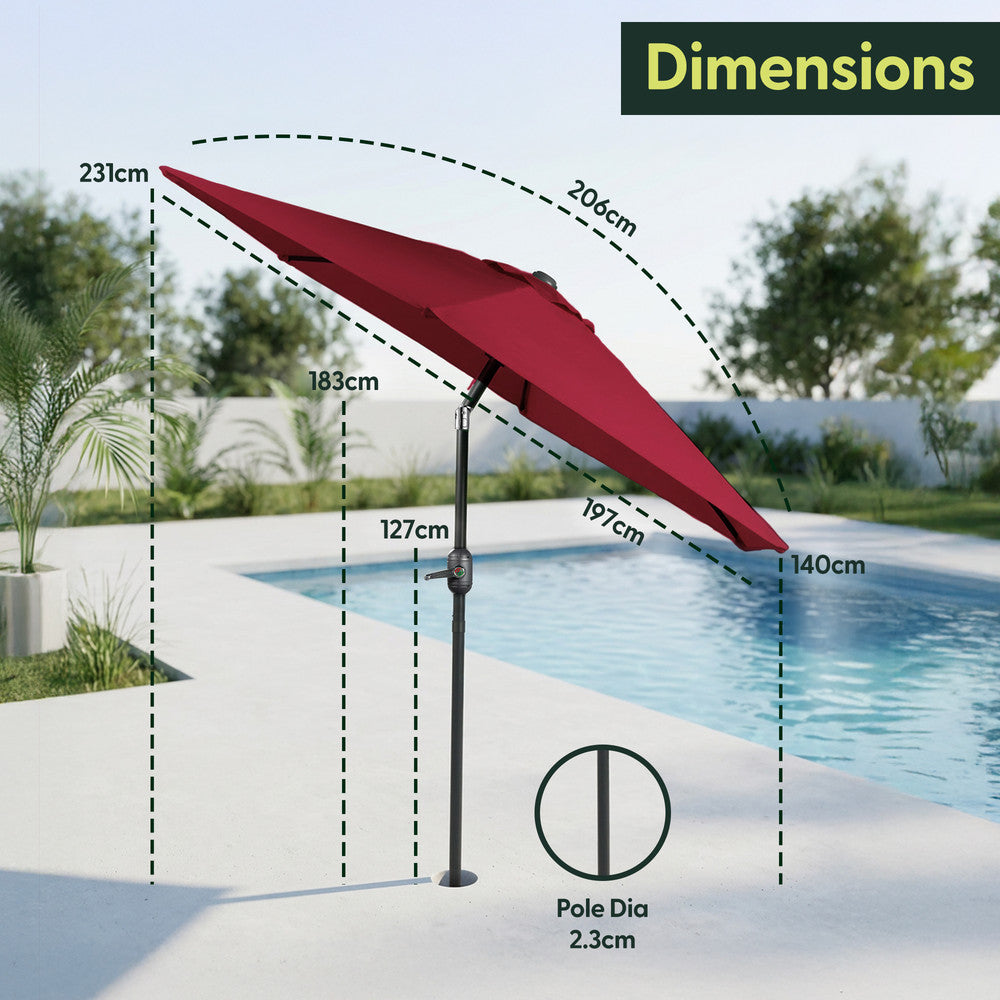 2m Tilting Garden Parasol with Cover - Compact Patio & Balcony Parasol