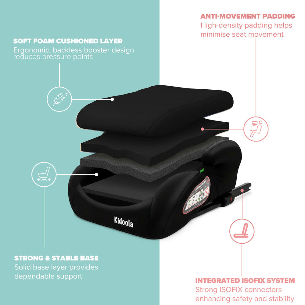 Child seated in backless booster seat – ISOFIX R129 car seat for 125–150cm children