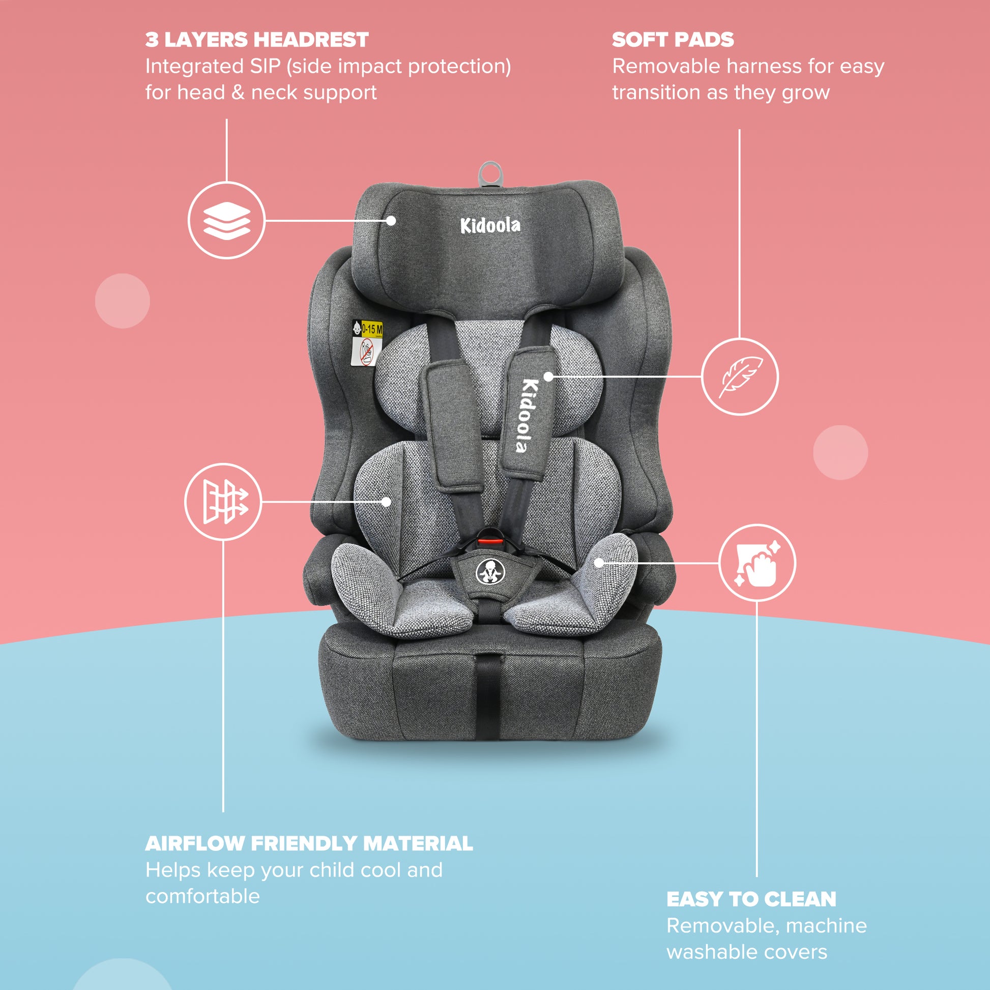 Grey ISOFIX car seat soft cushion insert – padded support for younger toddlers in forward-facing seat
