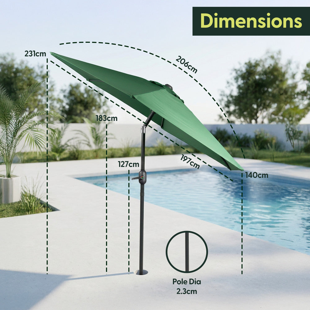 2m Tilting Garden Parasol with Cover - Compact Patio & Balcony Parasol