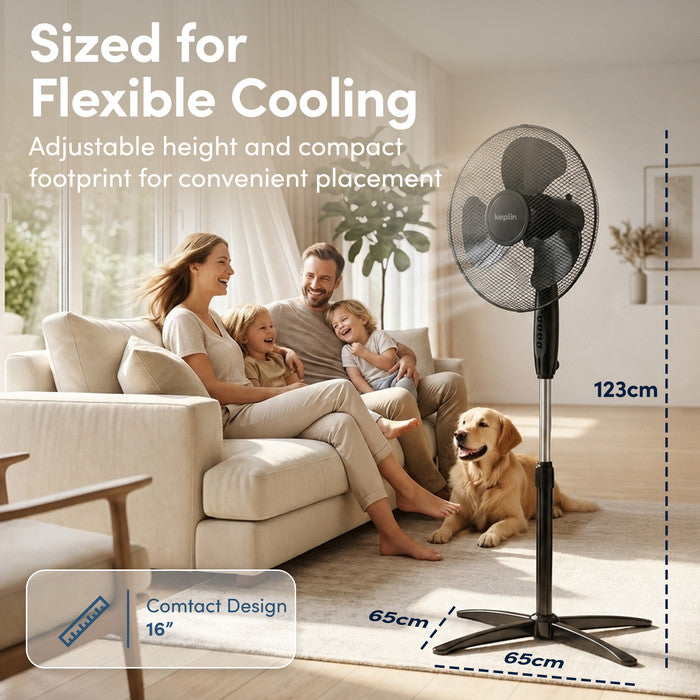 Black 16 inch oscillating pedestal fan showing 123cm height and 65x65cm cross base dimensions