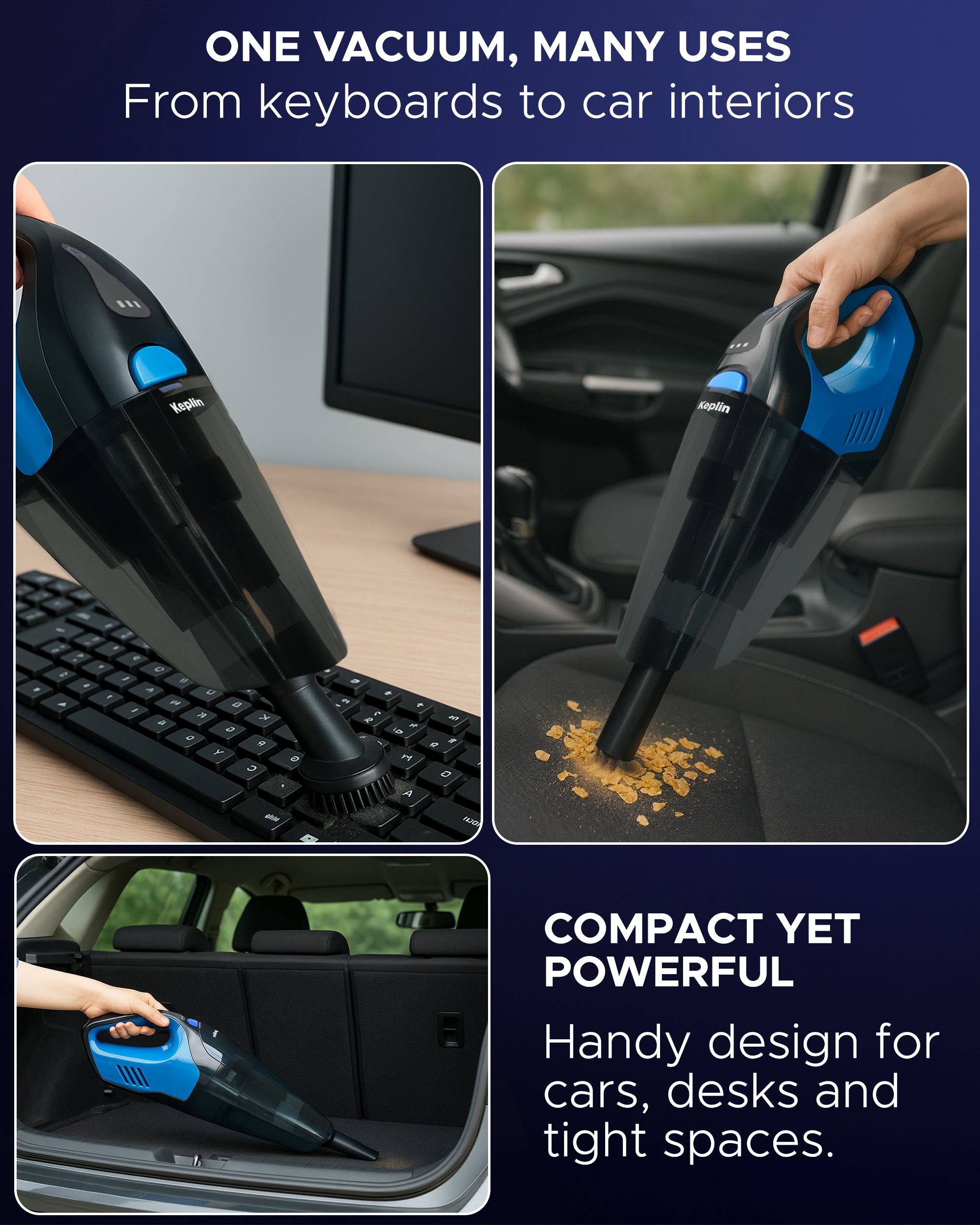 KEPLIN Cordless Handheld Vacuum Cleaner – Wet & Dry Use – 25–30 Min Runtime – 3 LED Lights – Wall Mount – 0.5L Dust Bin – Portable Mini Vacuum for Car, Home & Pet Hair – 7.4V 50W Power