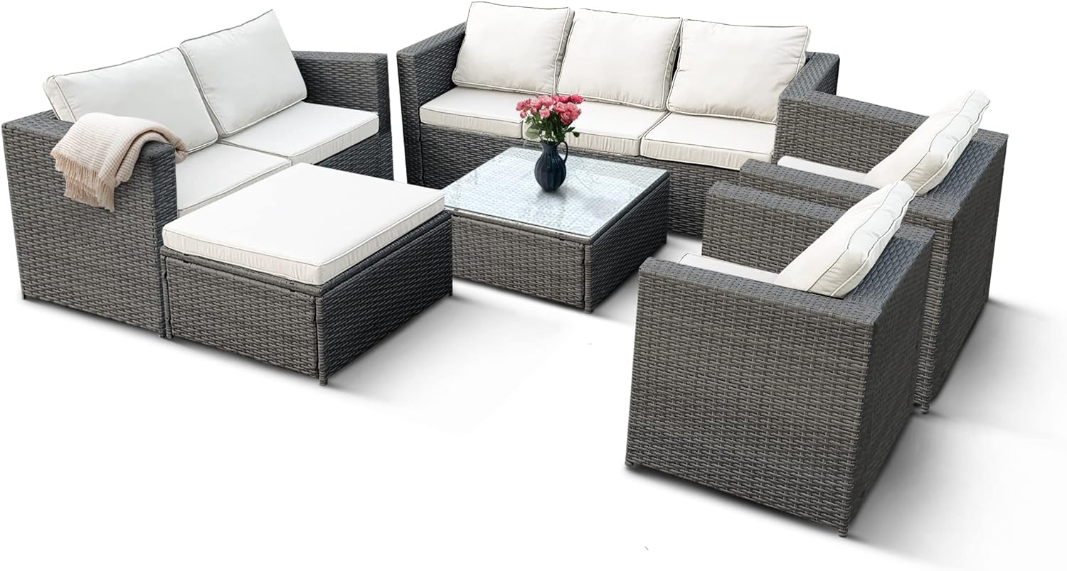 8 Seater Rattan Garden Furniture Set with Glass Coffee Table, Stool & Water Resistant Cushions