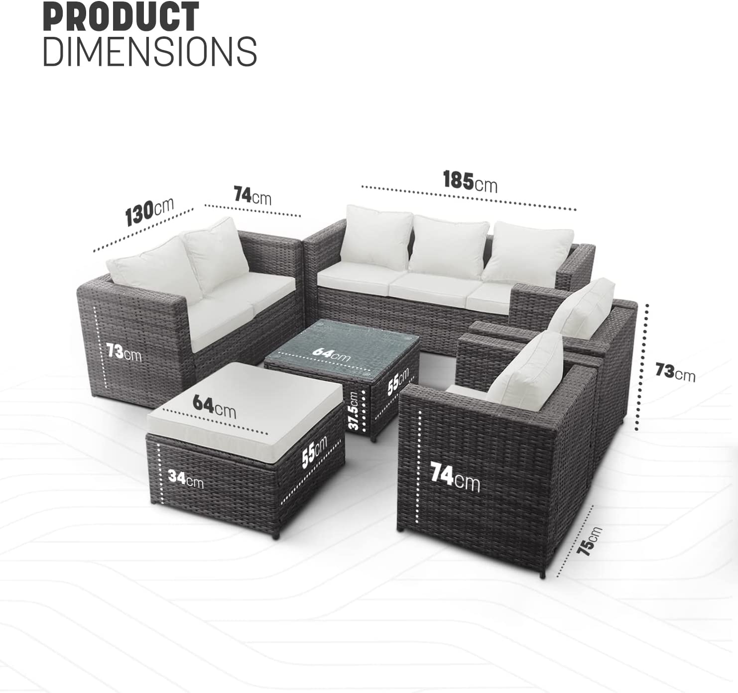 8 Seater Rattan Garden Furniture Set with Glass Coffee Table, Stool & Water Resistant Cushions