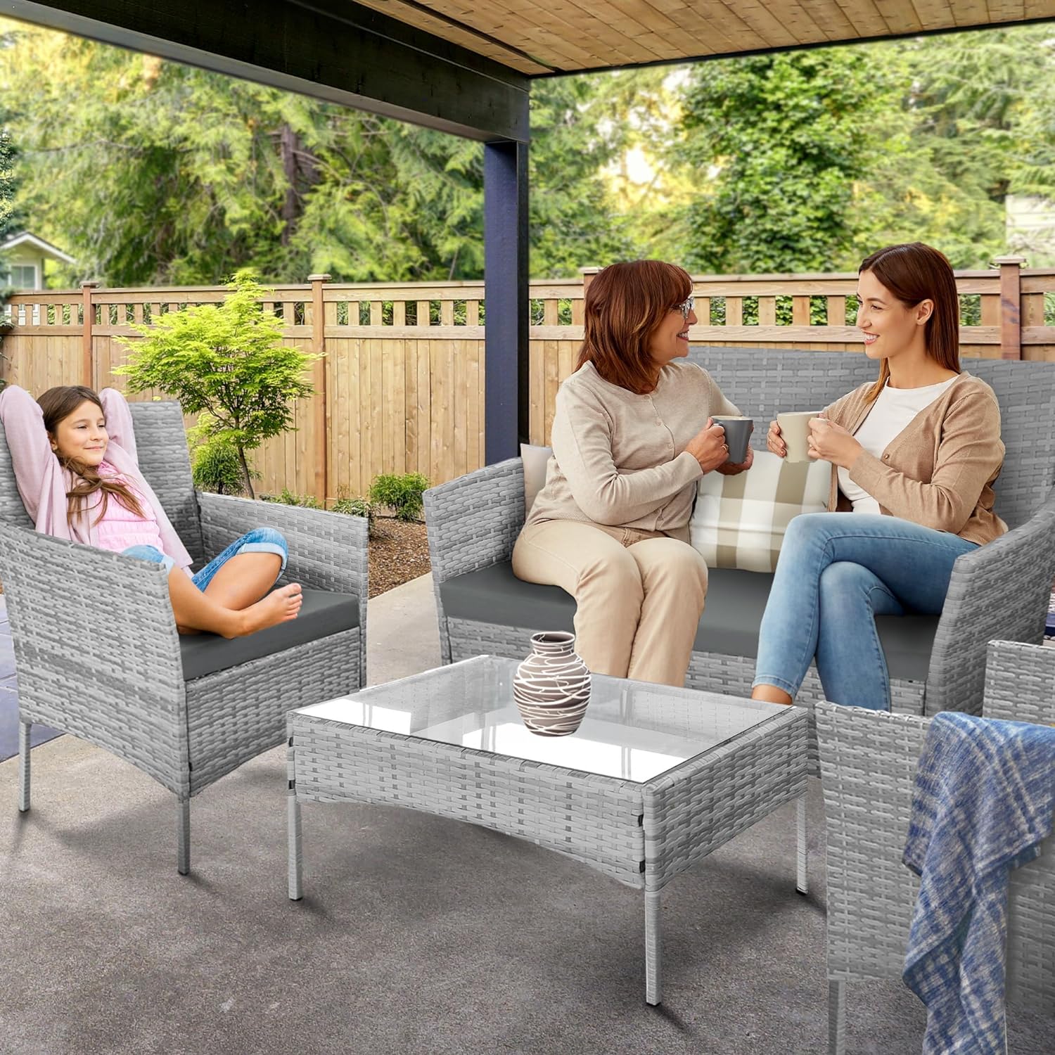 4-Piece Rattan Garden Furniture Set in Grey - Outdoor Lounger Sofa, Stackable Chairs & Bistro Table