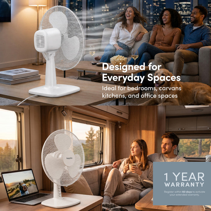 12 inch white oscillating desk fan for bedroom, kitchen and office use – 1 year warranty