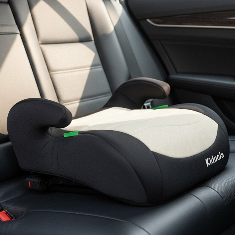 Cream grey backless booster seat in vehicle – ISOFIX car seat for older children, neutral design