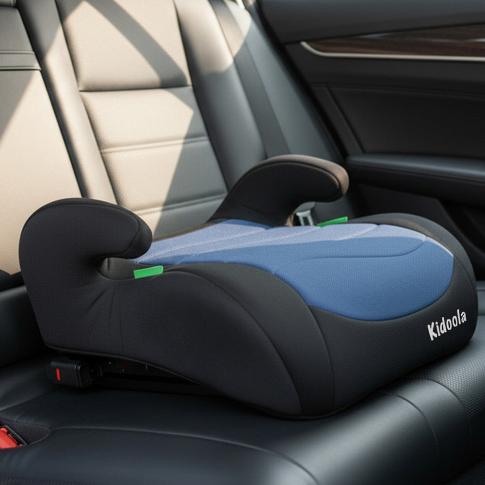 Blue backless booster seat side angle – lightweight ISOFIX car seat for older children 125–150cm