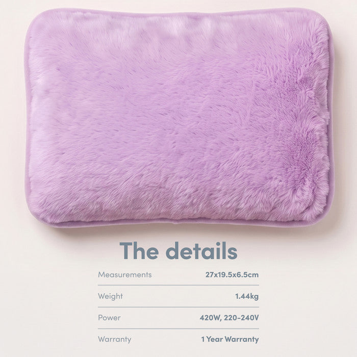 Lilac electric hot water bottle, 27x19.5x6.5cm, 1.44kg and 420W mains power
