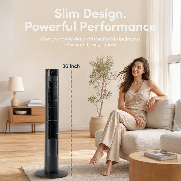 Keplin Black Tower Fan in Living Room – Tall Floor Fan 