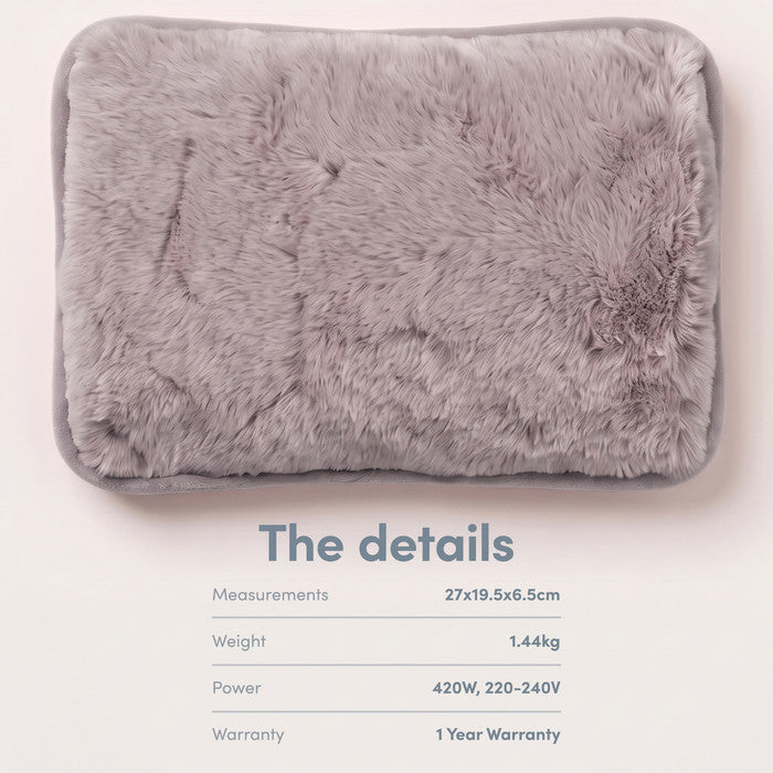 Grey electric hot water bottle, 27x19.5x6.5cm, 1.44kg and 420W mains power