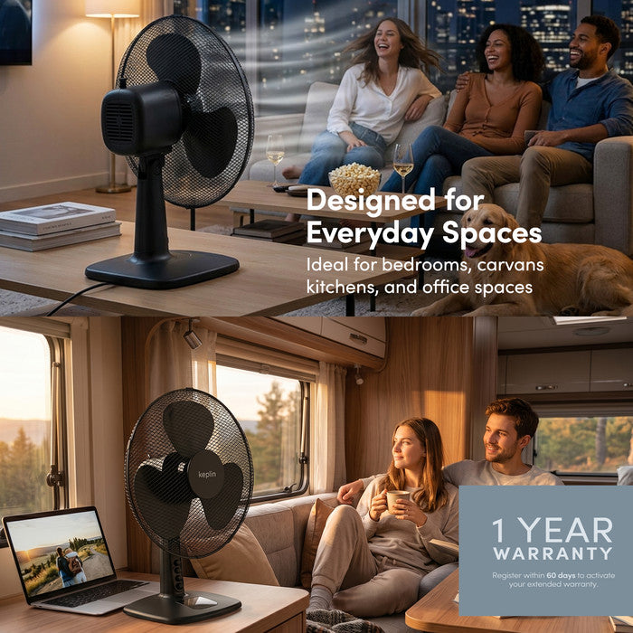 12 inch black oscillating desk fan for bedroom, kitchen and office use – 1 year warranty