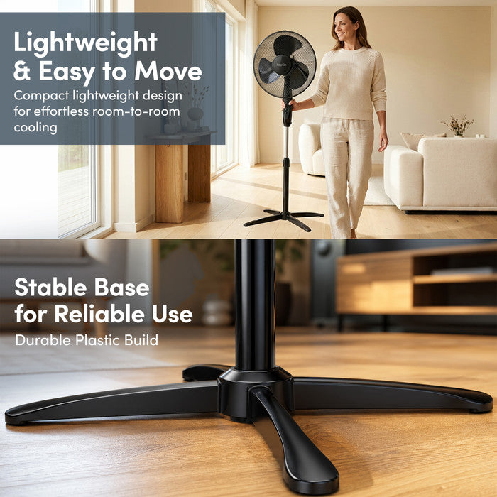 Lightweight 16 inch pedestal fan being carried between rooms with stable cross base on wood floor