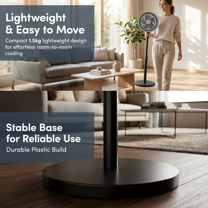 Lightweight 1.5kg black pedestal fan with stable round base – easy to carry between rooms