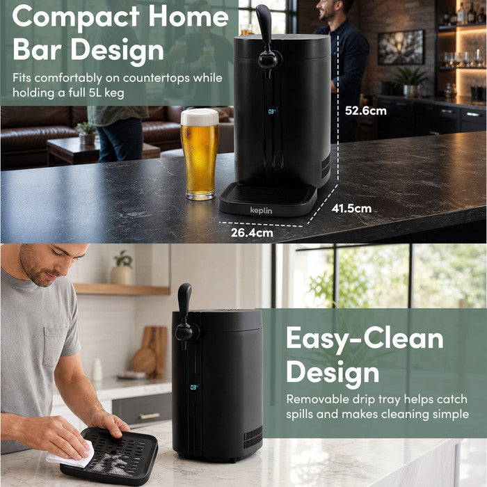 Keplin 5L beer keg dispenser compact countertop dimensions 26.4 x 41.5 x 52.6cm with removable easy-clean drip tray
