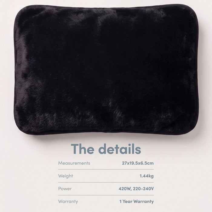 Black electric hot water bottle, 27x19.5x6.5cm, 1.44kg and 420W mains power