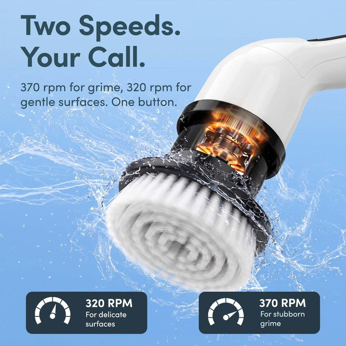 Spin scrubber brush head spinning at up to 370rpm with water splash