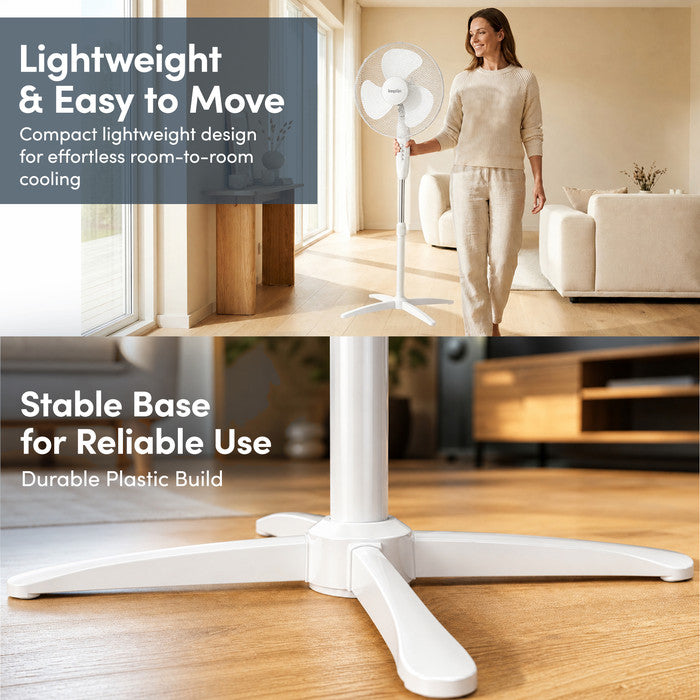 Lightweight 16 inch white pedestal fan being carried between rooms with stable cross base on wood floor