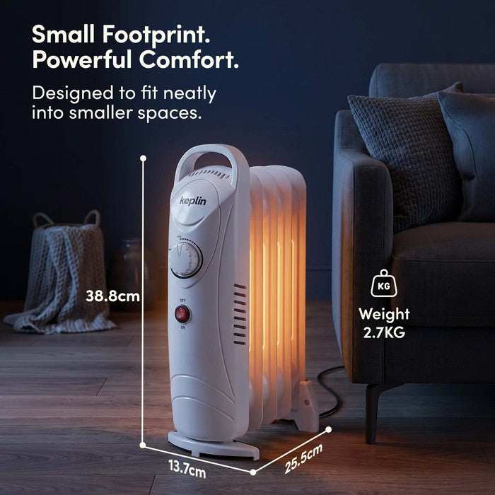 White oil radiator dimensions – 38.8cm height, 13.7cm width, 25.5cm depth, 2.7kg