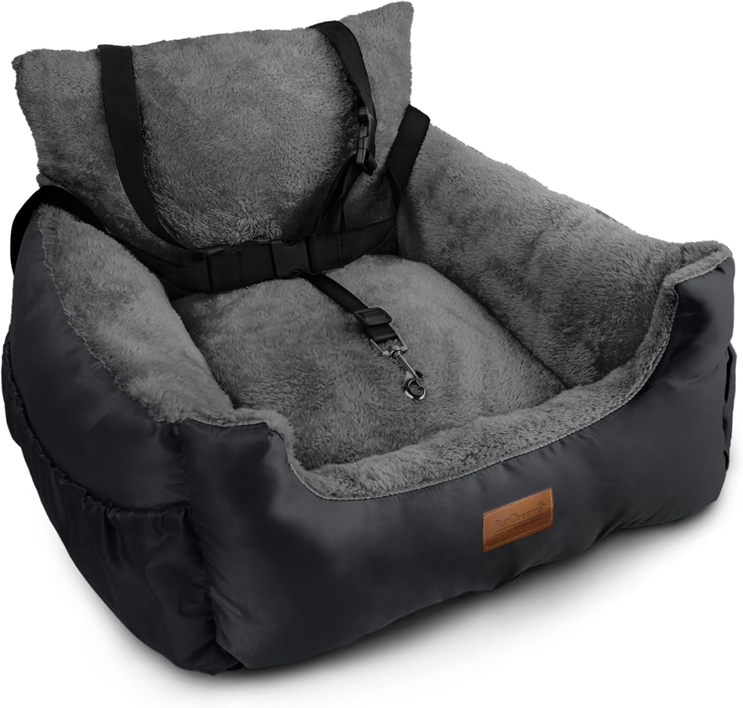 FurDreams Dog Car Seat (Black/Grey) – Plush & Cozy Pet Booster Seat for Small Dogs & Cats with Storage Pocket, Safety Leash, Waterproof Liner, and Non-Slip Base