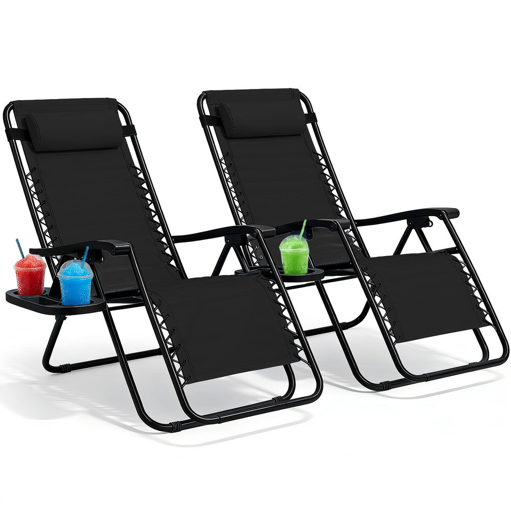 KEPLIN Set of 2 Heavy Duty Monocolour and Basic Textoline Zero Gravity Chairs for Garden Light Reclining Patio Sun loungers Easy to Clean Adjustable Head Rest Foldable with Cup & Phone Holder