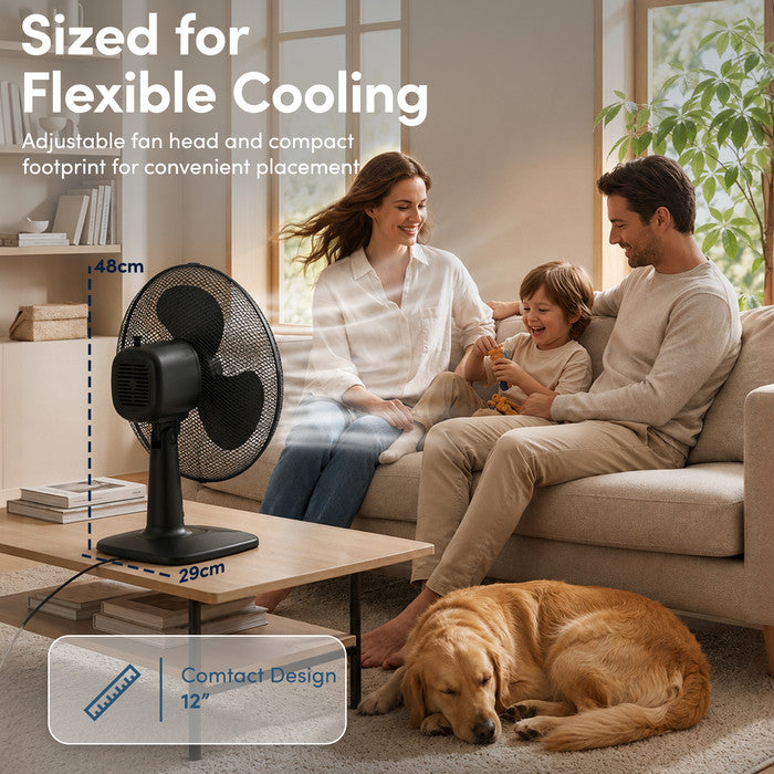 Compact 12 inch desk fan dimensions – 34cm height and 29cm base for desk or tabletop use
