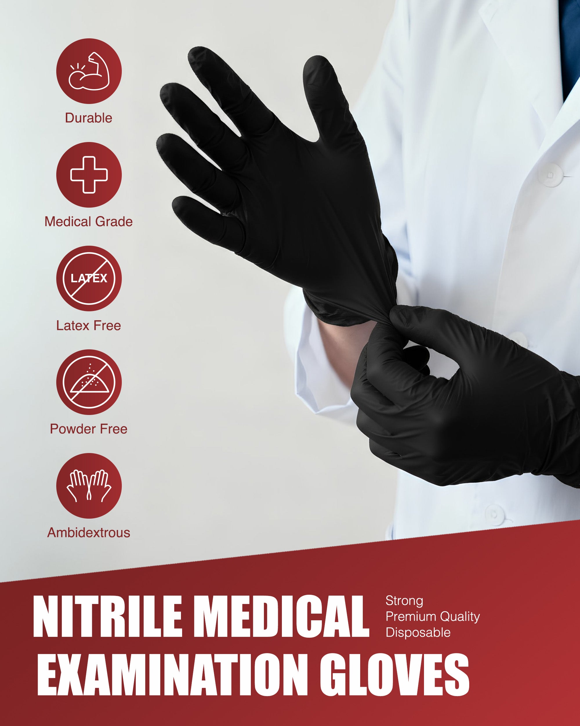 Merrimen Nitrile Gloves - BLACK | Disposable – Box of 100 | Ambidextrous Nitrile Gloves | Latex & Powder Free | For Safe Hands Against Allergies